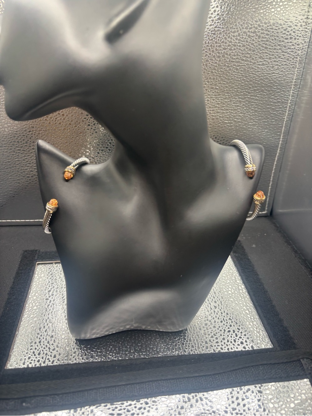 Silver-Tone Cable Open Cuff Bracelet with Amber Accents